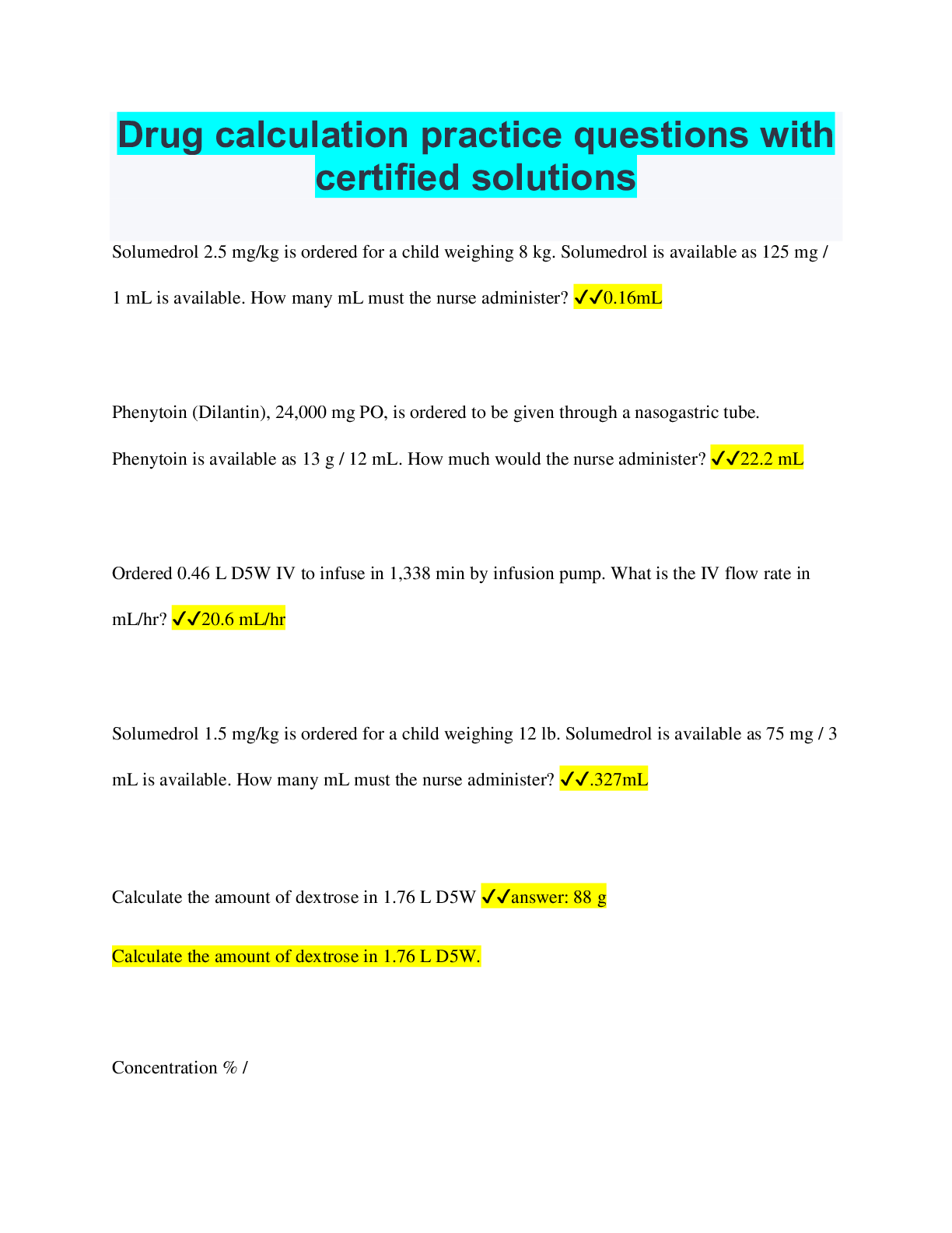 Preview image of Drug calculation practice questions with certified solutions document